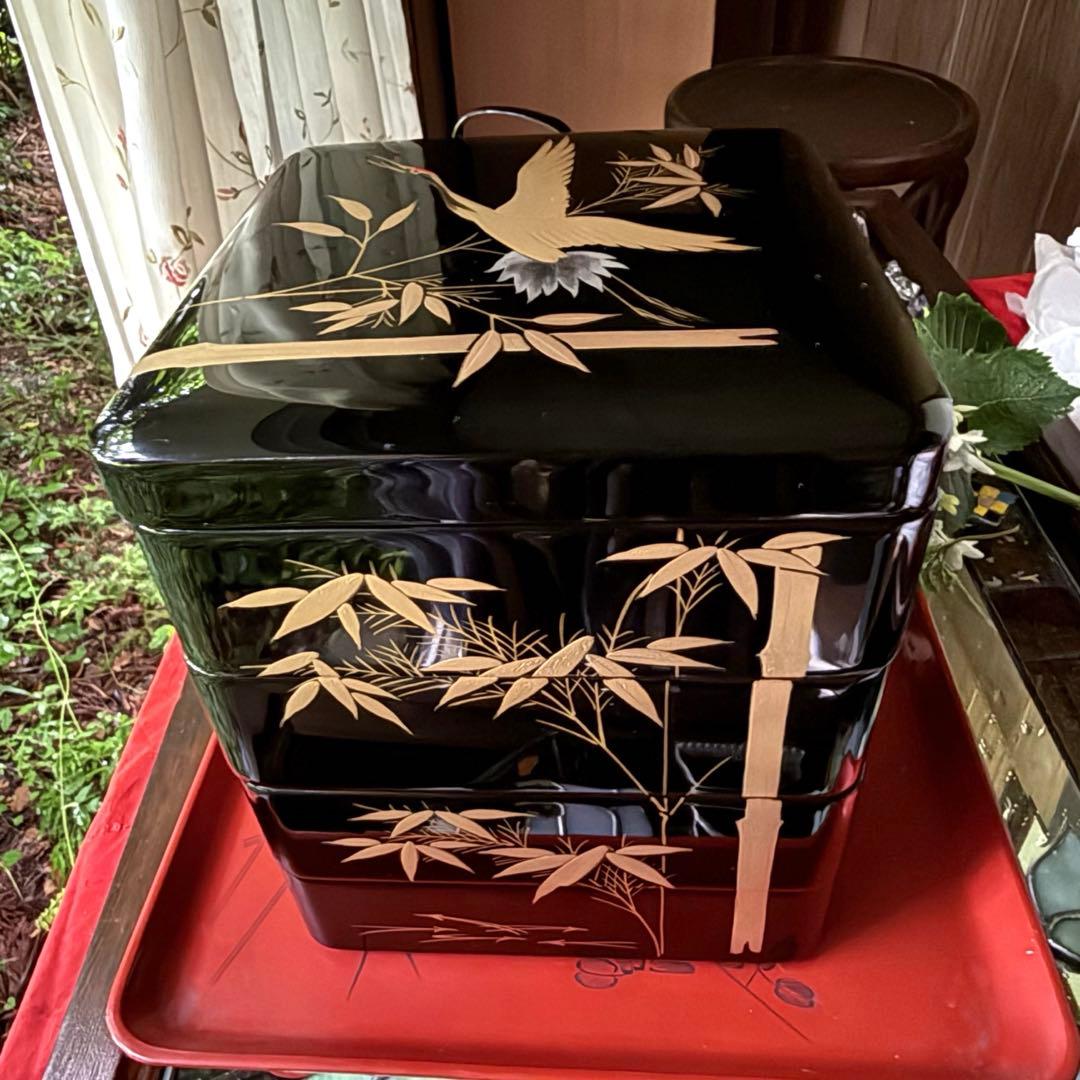 2192様感謝‼️JAPAN輪島塗お屠蘇器七つ揃い『松竹梅鶴』塗師松竹梅落款元箱入