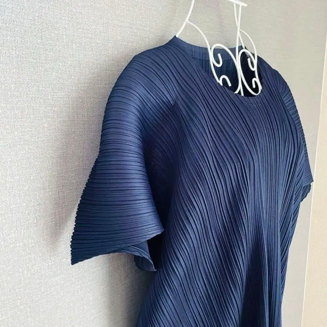 未使用級✨24秋 プリーツプリーズ ロングチュニック ワンピース 濃紺 FREE