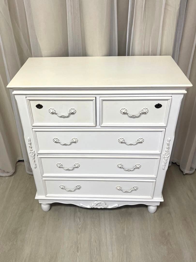 ロココ アンティーク キー付 フレンチ ホワイト チェスト