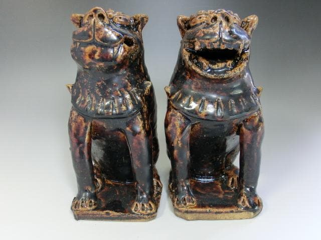 置物■狛犬一対 飴釉（江戸期）享保4年 己亥 奉納 獅子 江戸期骨董 希少 古い