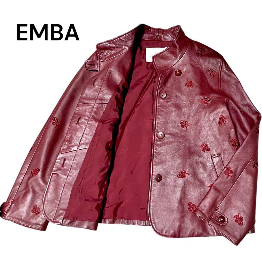 美品✨EMBA レザージャケット　フラワーカットワーク　ワイドシングルライダース