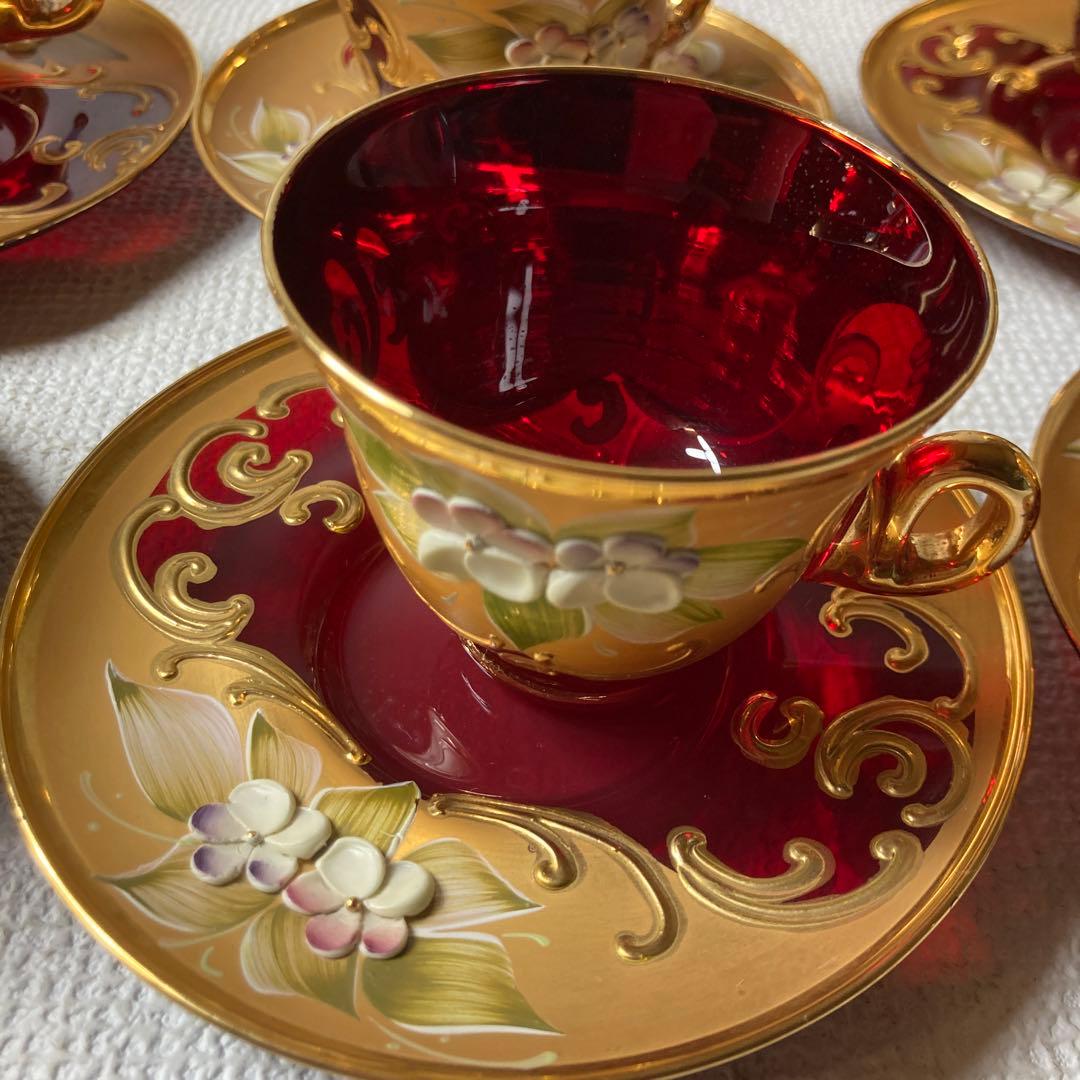 ベネチアングラス　赤と金の花柄ティーセット