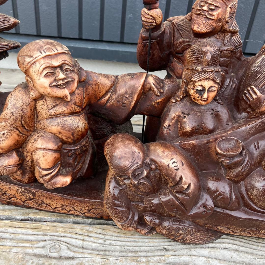 昭和レトロ 精密彫刻 大型 七福神 龍の船 宝船 縁起物 開運 置物 オブジェ