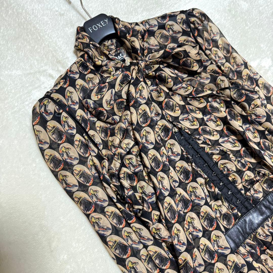 美品 ドルチェアンドガッバーナ ボウタイ シルク ワンピース ラムレザー 総柄