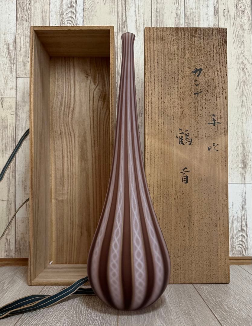 高さ:約47cm‼️藤田喬平 手吹 ヴェニス 鶴首 カンナ 大作 ガラス花瓶 花器