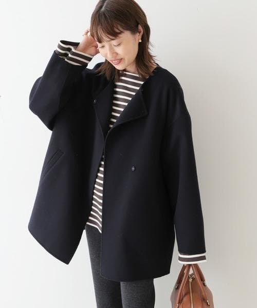 HAMILTONダブルフェイスウールショートコクーンコート ネイビー