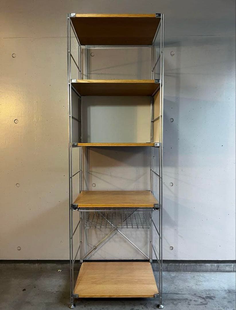 無印ステンレスユニットシェルフ・オーク材棚セット・大 パネル・バスケット付