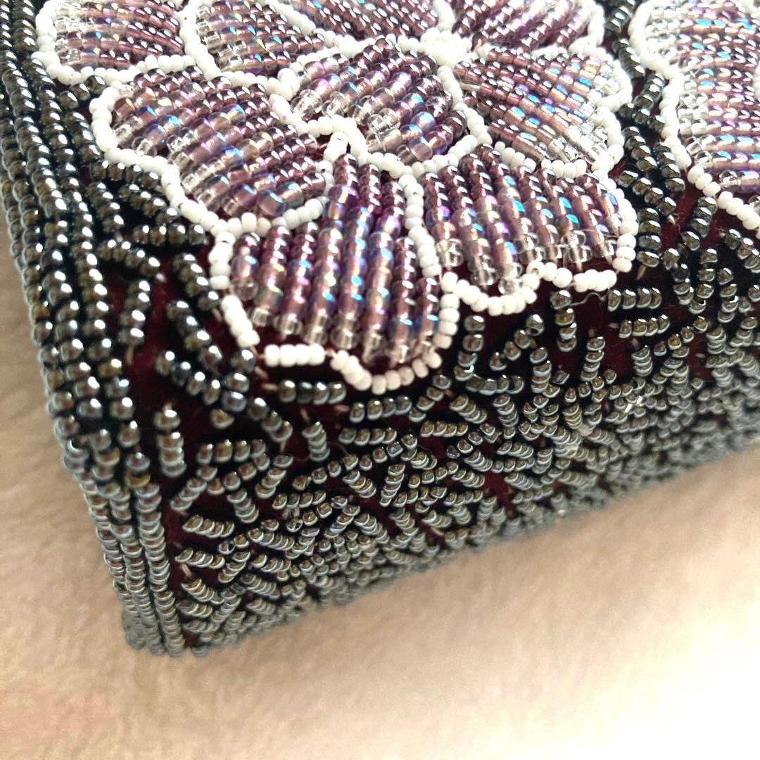 着物　ビーズバッグ　紫・花柄・椿カメリア・お稽古、観劇