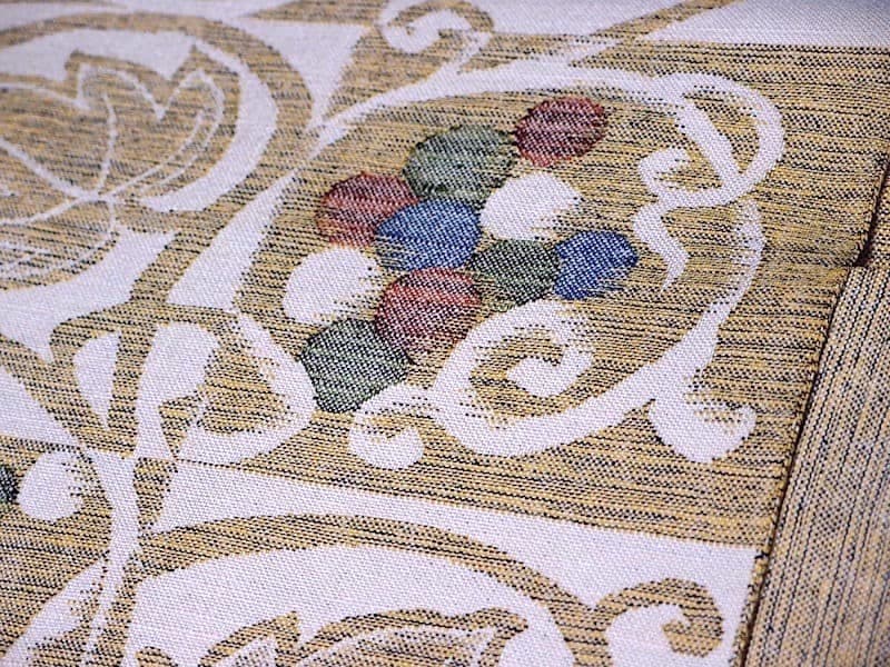 西陣織　紬八寸名古屋帯（市松に葡萄葉文）長366　三幸織物　正絹美品