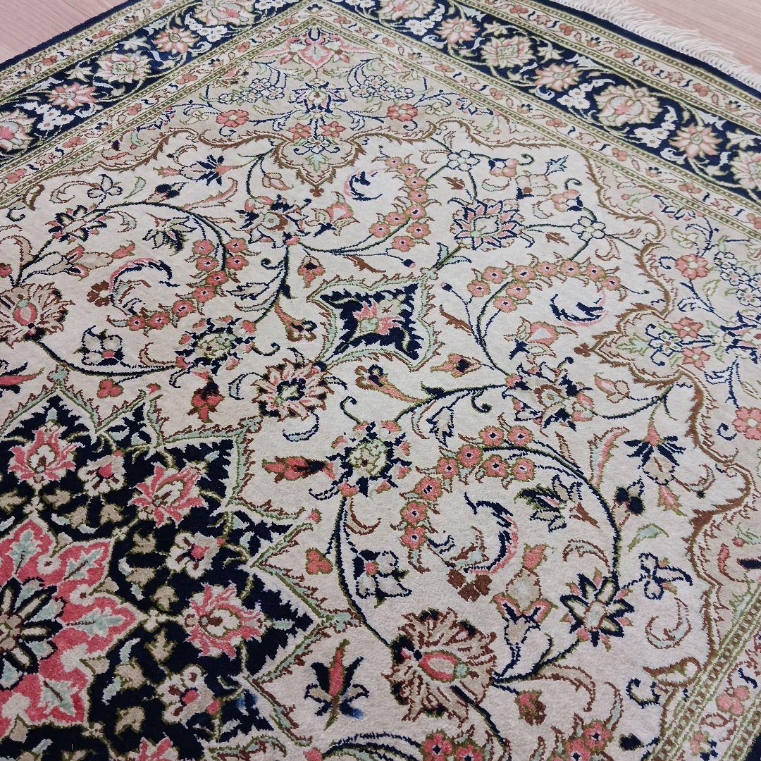 Y3283 高級ペルシャ絨毯 クム産 工房サイン シルク100% 手織り