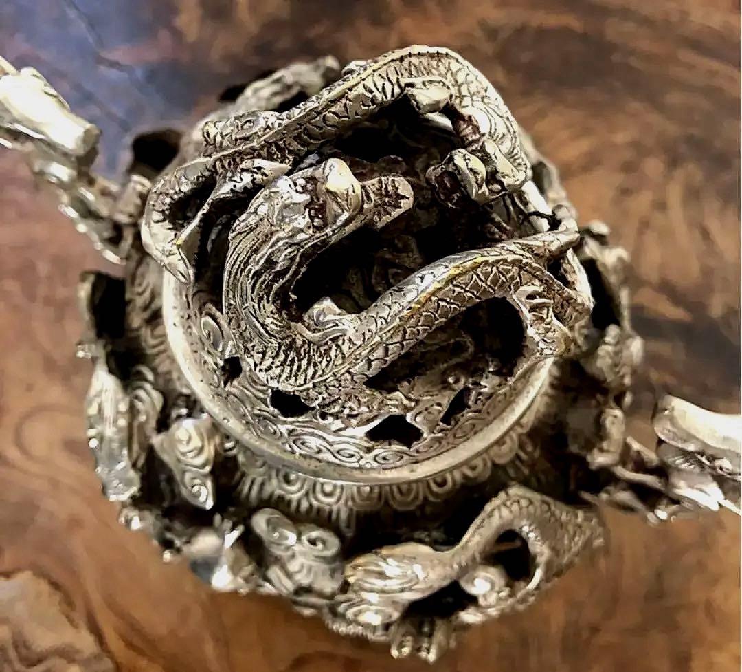 中国美術 乾隆年製 三脚 香呂 白銅 多龍紋刻