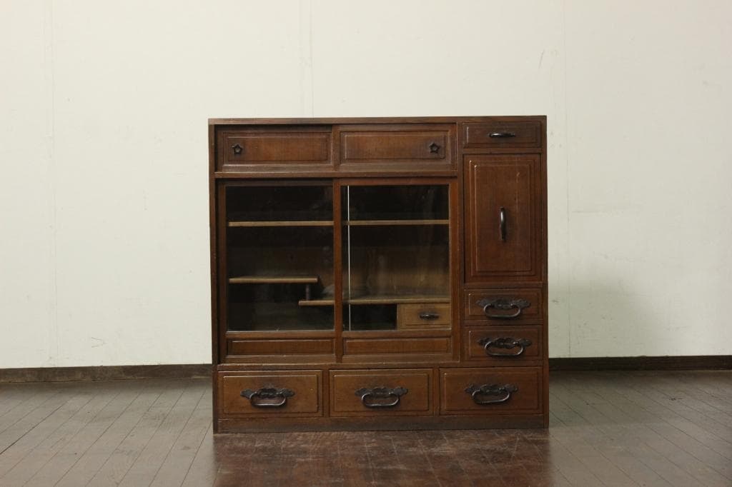 古い木製茶箪笥 収納棚/和家具/飾棚/食器棚時代箪笥/茶道具/ガラス戸棚/煎茶棚