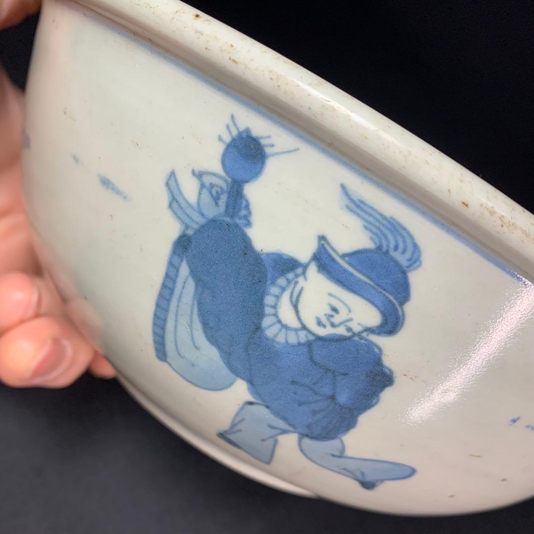 K684⭐︎湖東焼 染付 見込みは五弁花 唐子文 二重角福 献上手 鉢