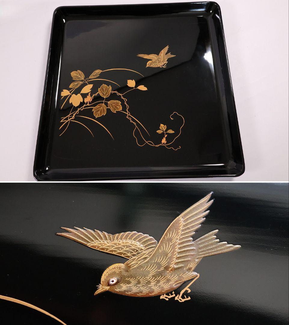 【MB204】天然木漆塗 花鳥絵替金蒔絵 黒塗卓上膳十客 四方膳 36.3cｍ