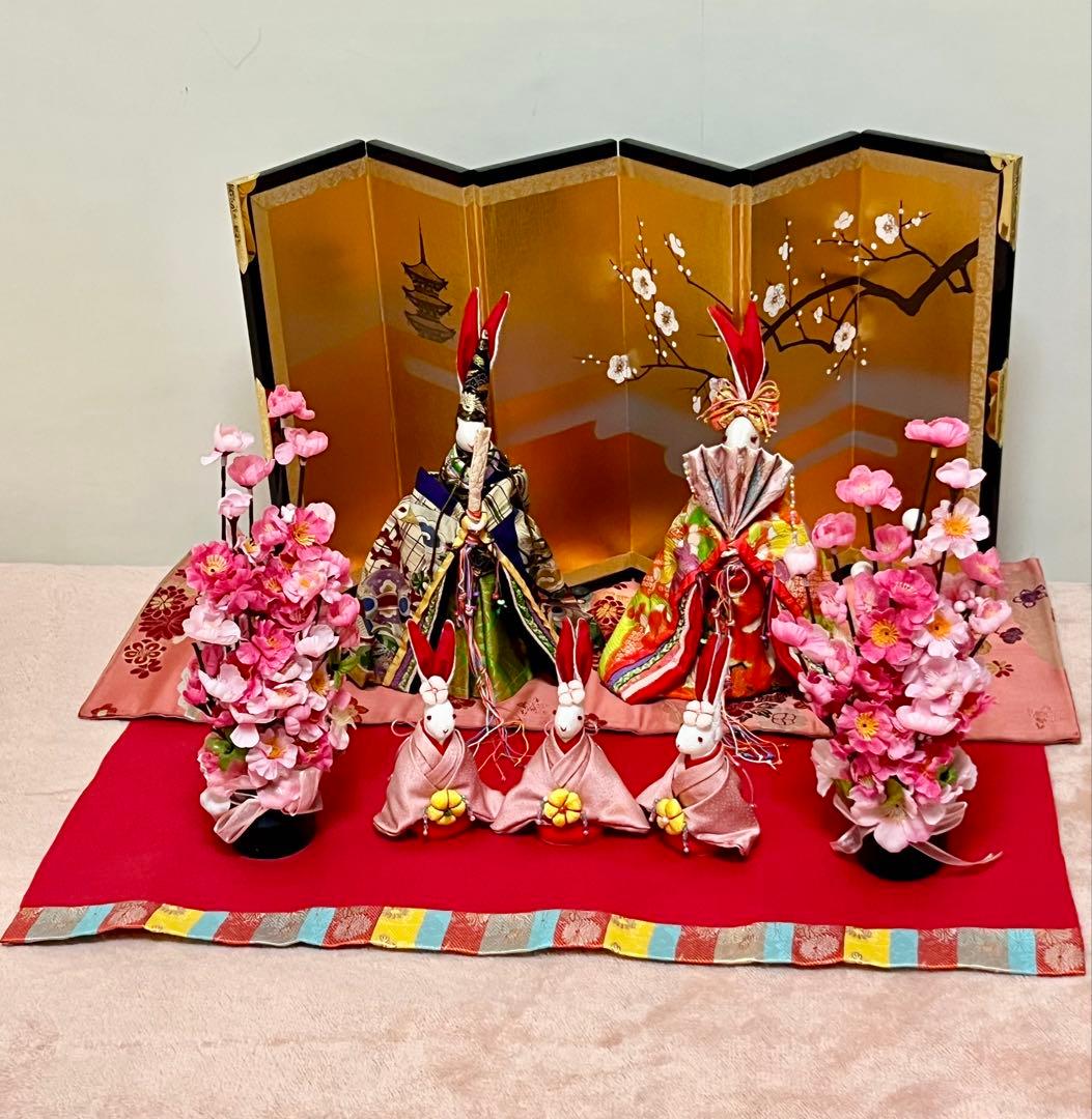 うさぎ雛人形飾り☆ひな祭り☆セット☆三人官女☆古着物再利用☆手作り☆保管品
