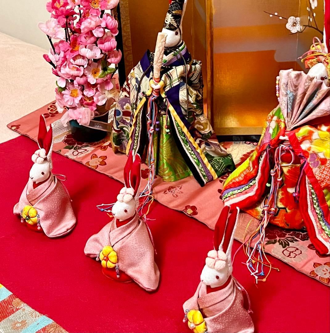 うさぎ雛人形飾り☆ひな祭り☆セット☆三人官女☆古着物再利用☆手作り☆保管品