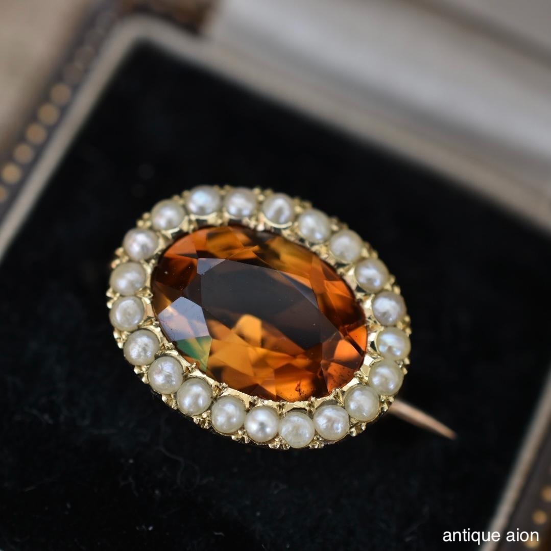 英国アンティーク 1900年前後 9金 天然シトリンと天然シードパールのブローチ