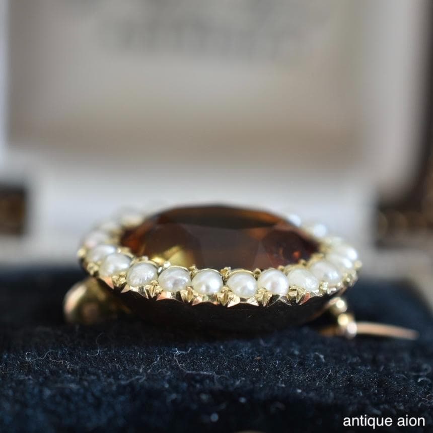 英国アンティーク 1900年前後 9金 天然シトリンと天然シードパールのブローチ