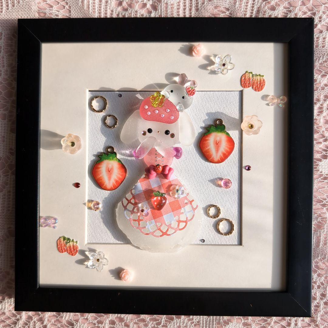 シーグラスアート いちごのプリンセスとミニうさちゃん*.+゜