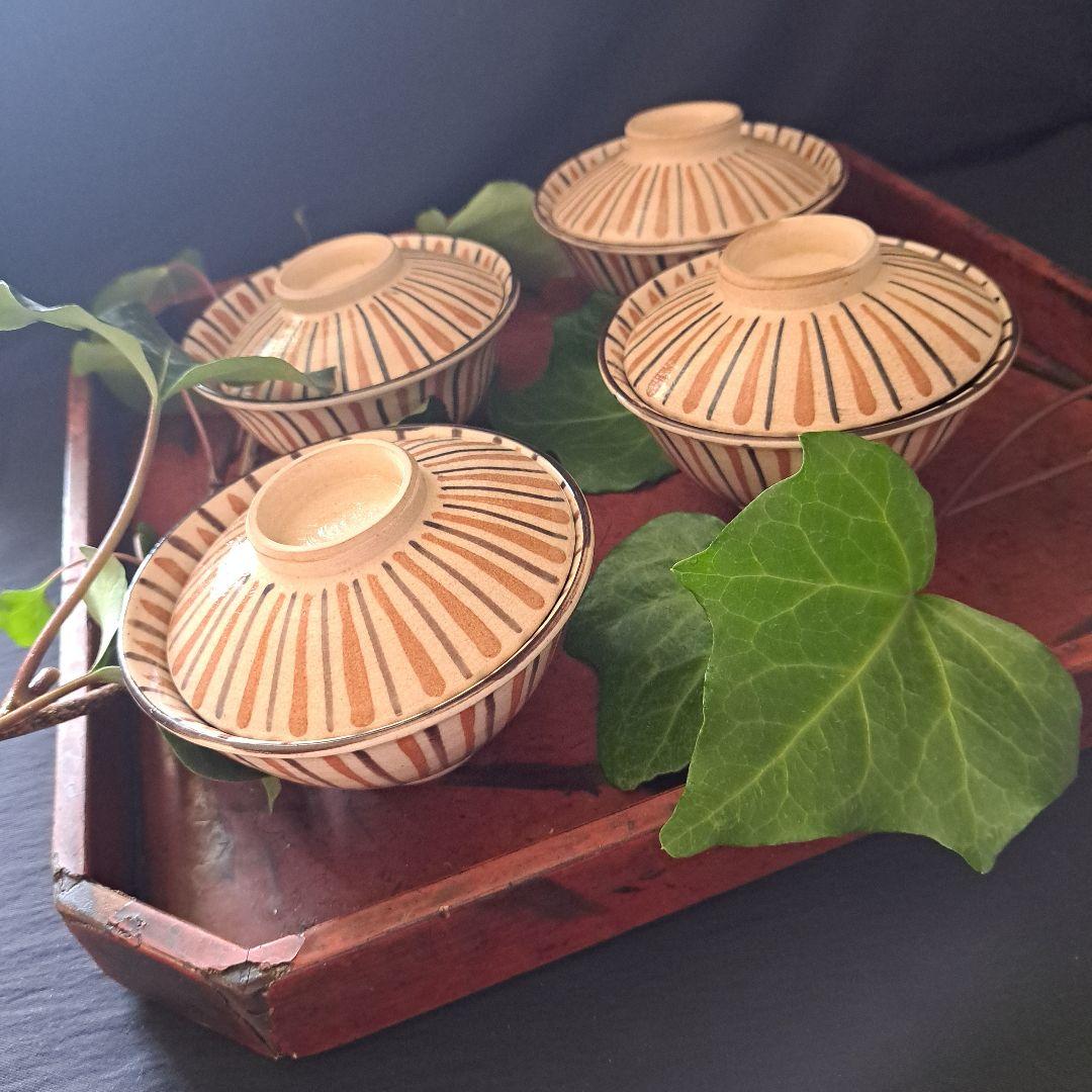 「麦わら手(で)を愉しむ！」瀬戸焼き蓋茶碗(直径11.5cm) 4客セット 骨董