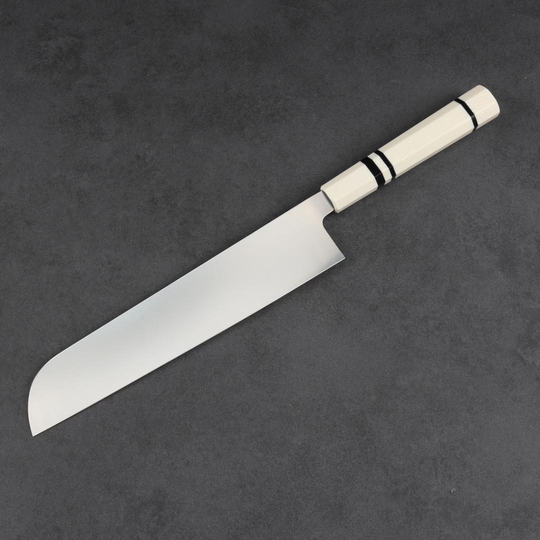 7015 鎌型薄刃包丁 8寸 刃渡り240mm 刺身包丁 人工象牙黒三本巻八角柄