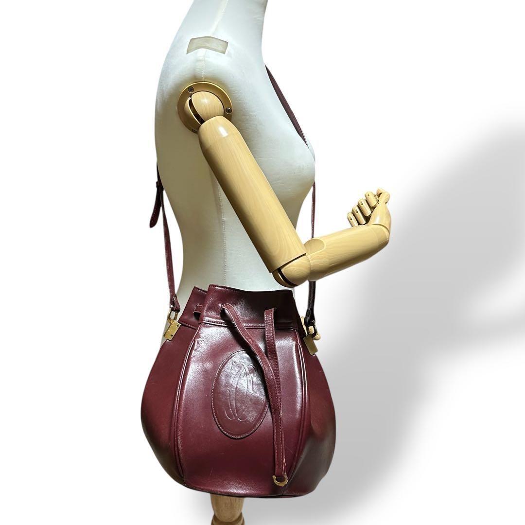 良品 1016 カルティエ ショルダーバッグ 巾着 マストライン ボルドー