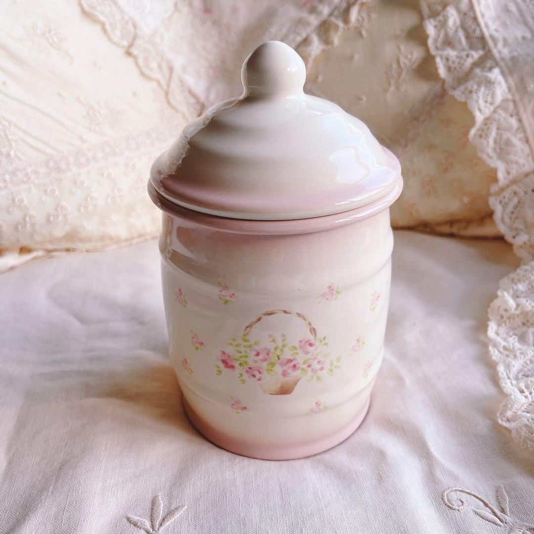 お値下げ♡イマン♡ローズバスケットホーローキャニスターマニーローズアンティーク