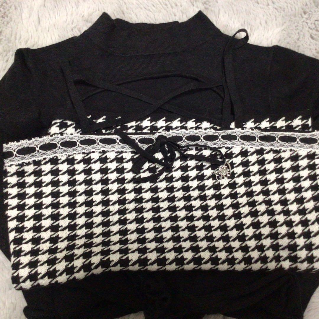 ハニーミュウ HONEYMEW 千鳥柄ハイネックアンサンブルトップス ブラック