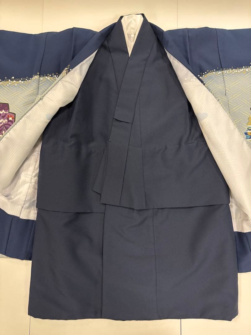 七五三　5歳男の子　着物・袴セット　明るい紺色　ブルーグレー　鷹　鼓