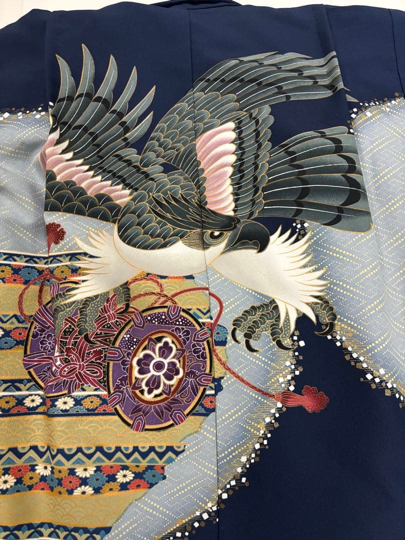 七五三　5歳男の子　着物・袴セット　明るい紺色　ブルーグレー　鷹　鼓