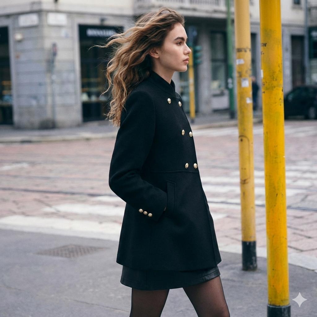 【美品】ZARA ザラ 金ボタン ハイネック ウールブレンドコート ブラック S