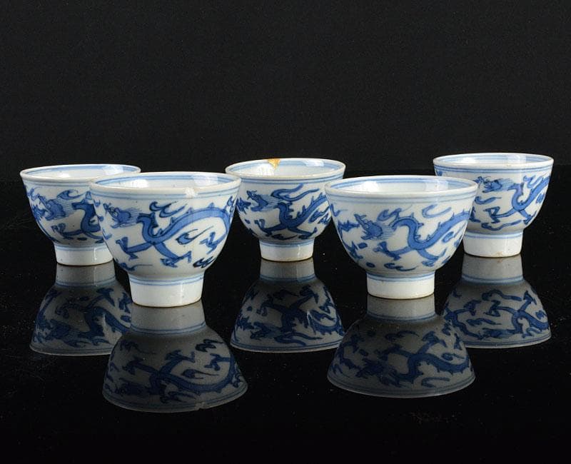 染付龍文　煎茶碗　五客　青木木米造　色絵人物文等　湯冷　四点　F　R4327