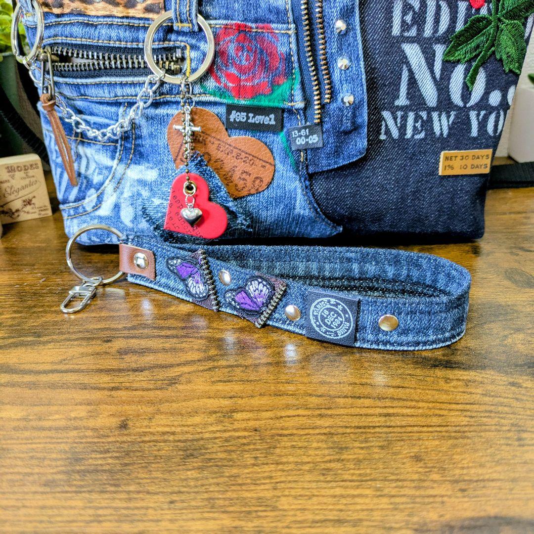 デニムリメイク 2wayトート｜薔薇刺繍×ステンシル・ポケットたくさん・底鋲付き