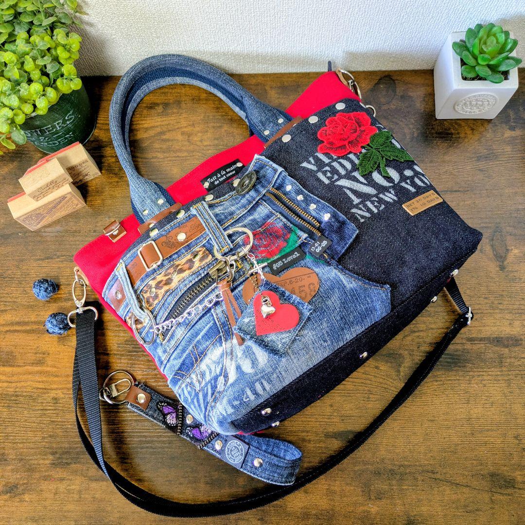 デニムリメイク 2wayトート｜薔薇刺繍×ステンシル・ポケットたくさん・底鋲付き