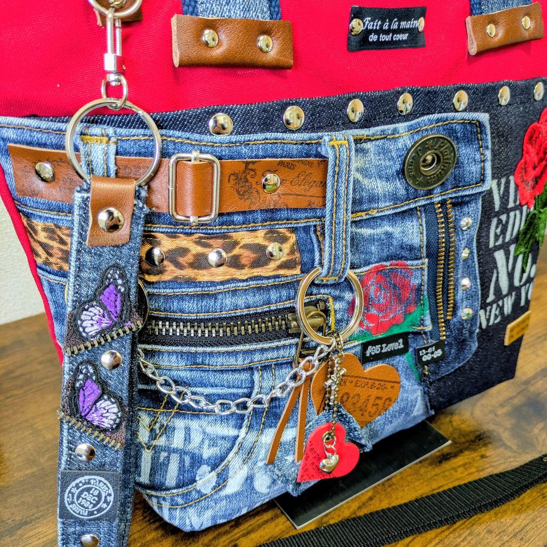 デニムリメイク 2wayトート｜薔薇刺繍×ステンシル・ポケットたくさん・底鋲付き