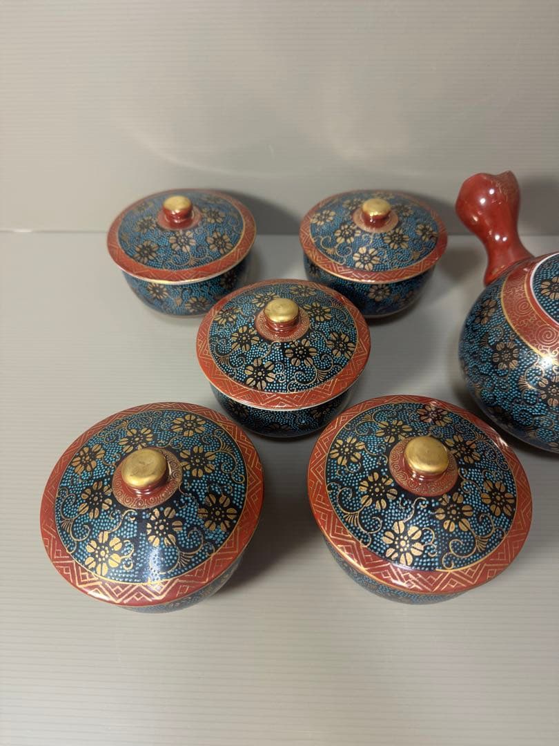 2086 九谷焼　青粒　茶器セット　急須1客　湯呑蓋付5客　金彩