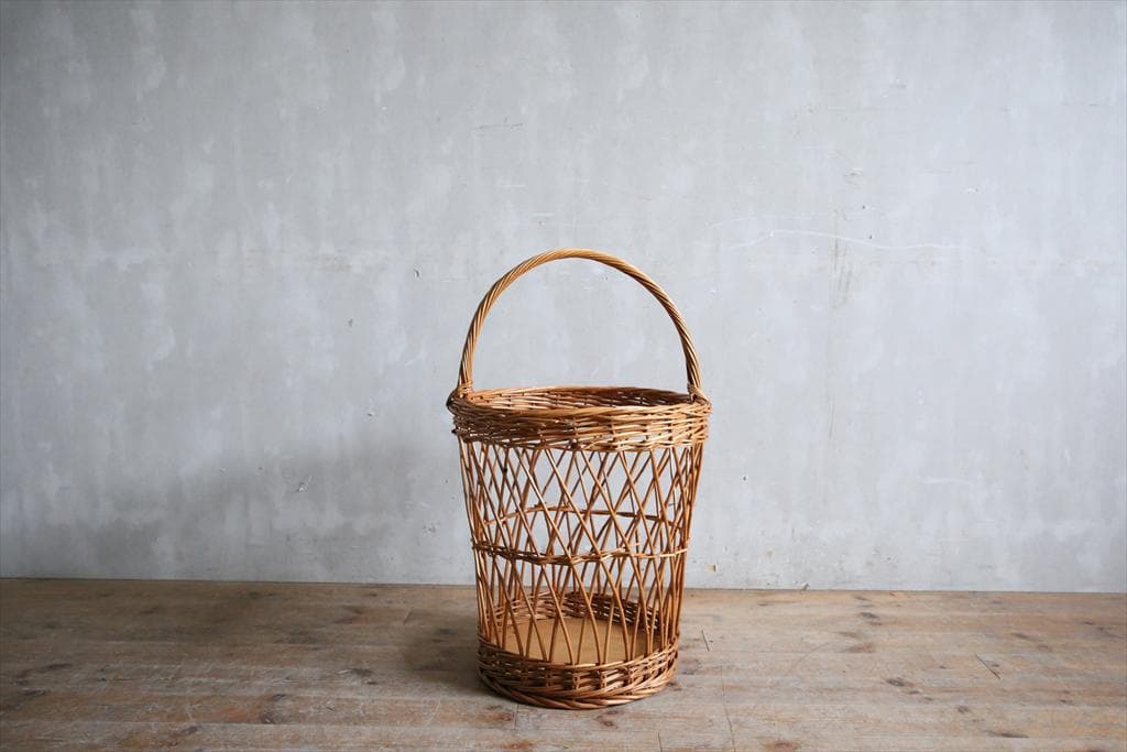 英国アンティークラタン製バスケット/アラログ/カゴバッグ/籐籠ゴミ箱80-130