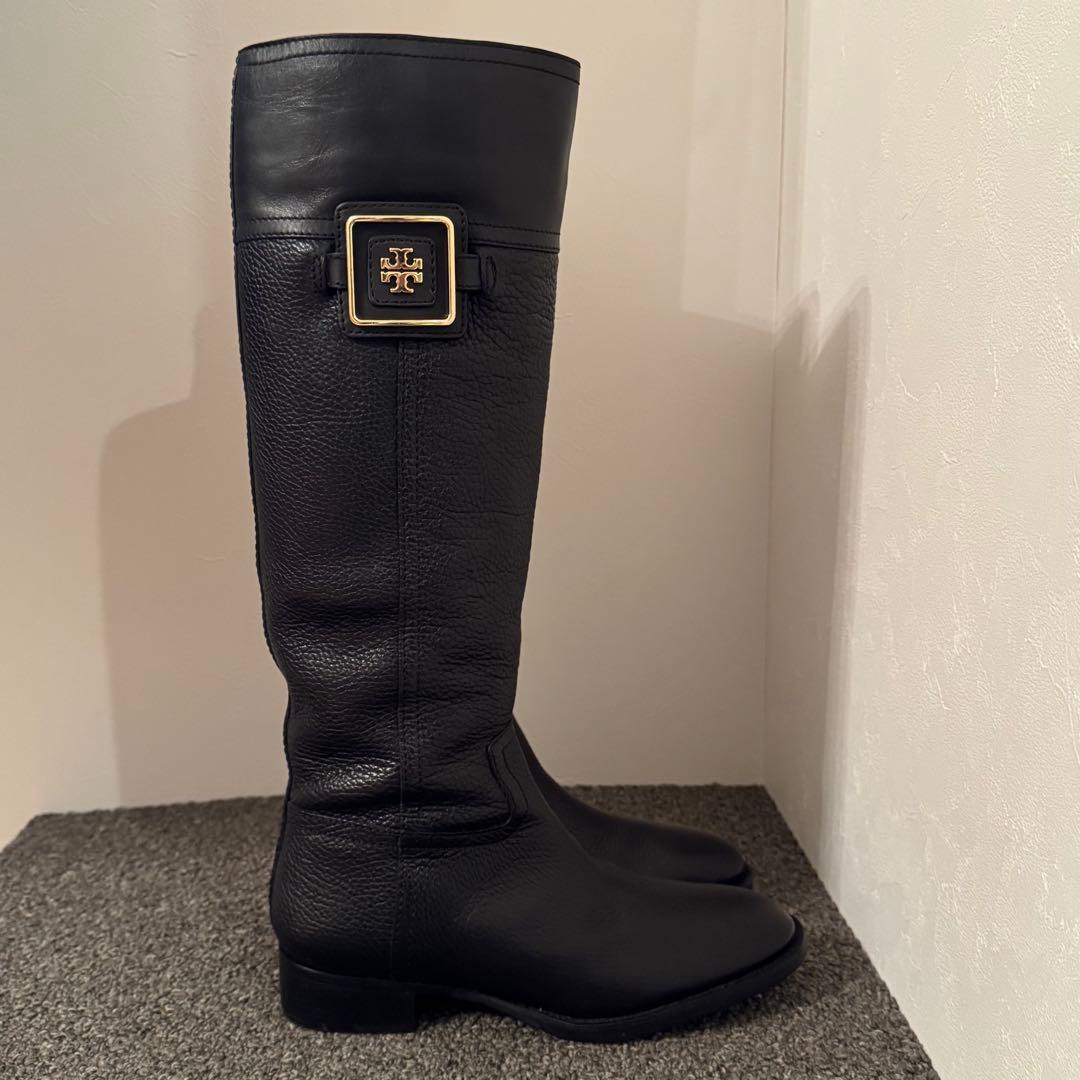 【美品】TORY BURCH ロングブーツ シボ革 黒 23cm相当