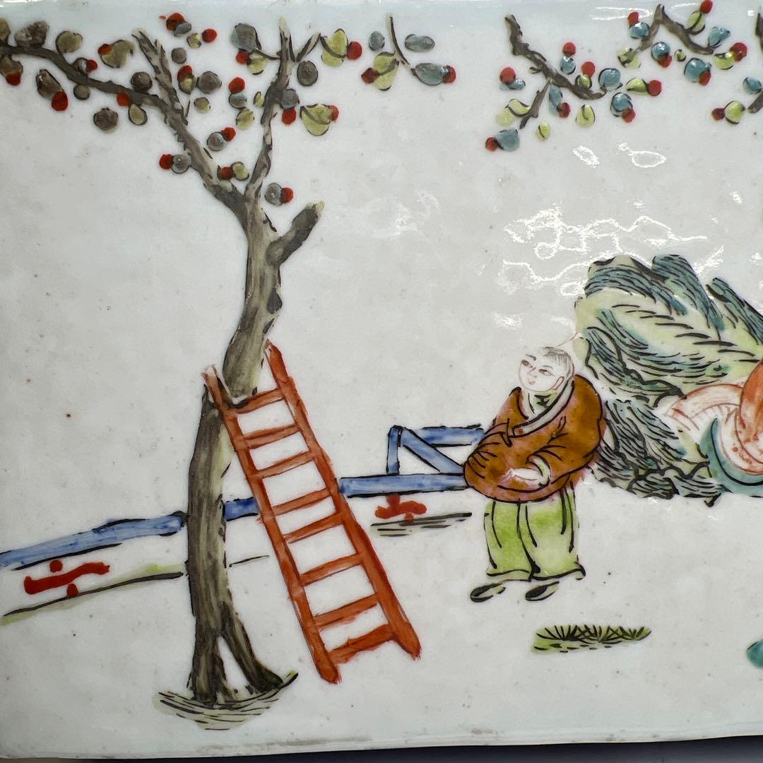 中国清時代　新渡粉彩　陶枕　幅18㎝　東な7-1221☆2F