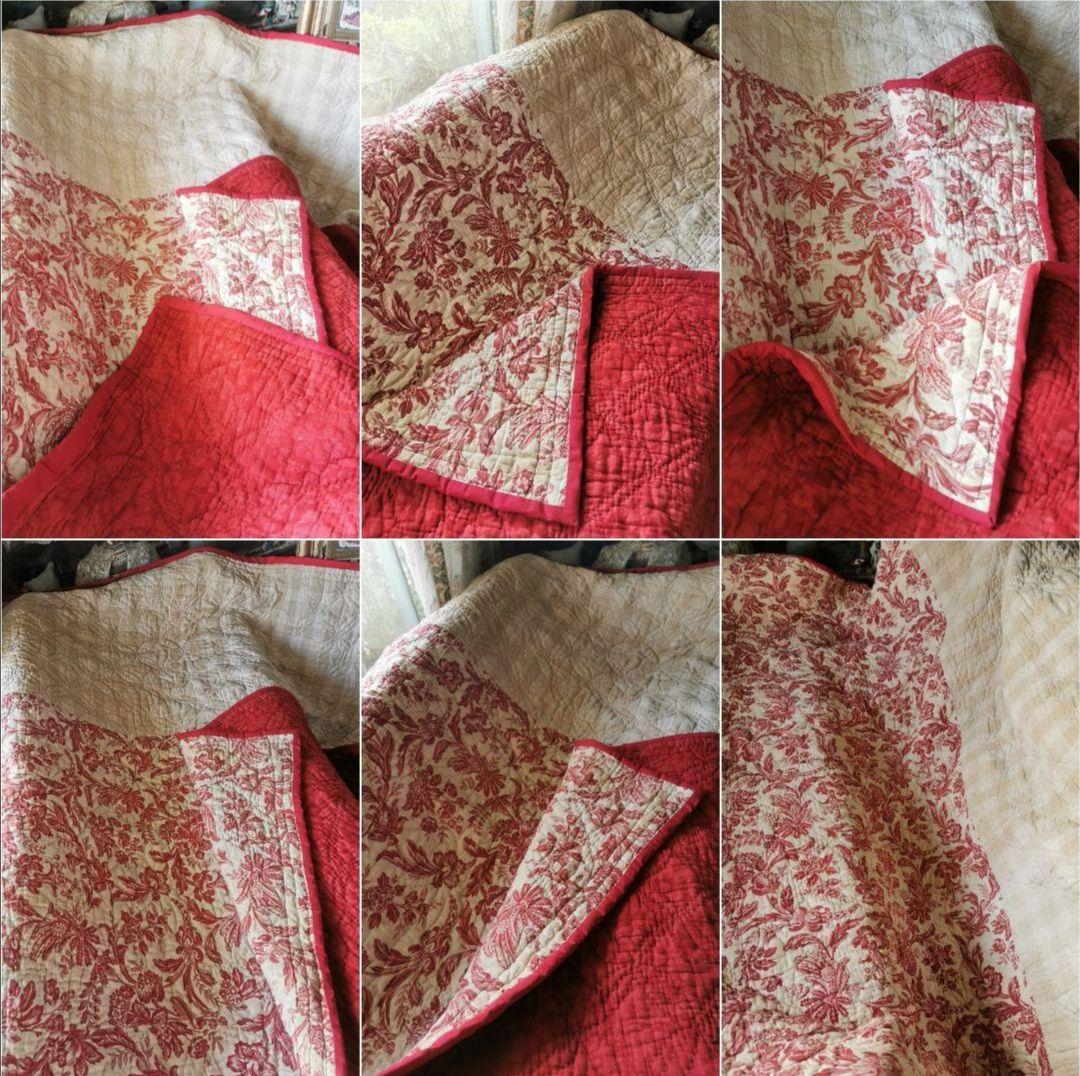 アンティーク フレンチブティ 超肉厚大判キルト ダブルフェイス 花更紗＆チェック