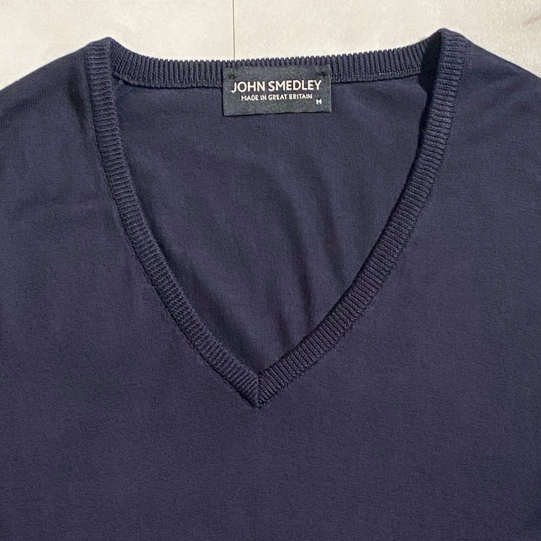 A18665 美品 ジョンスメドレー 海島綿 Vネックニット 英国製 紺M