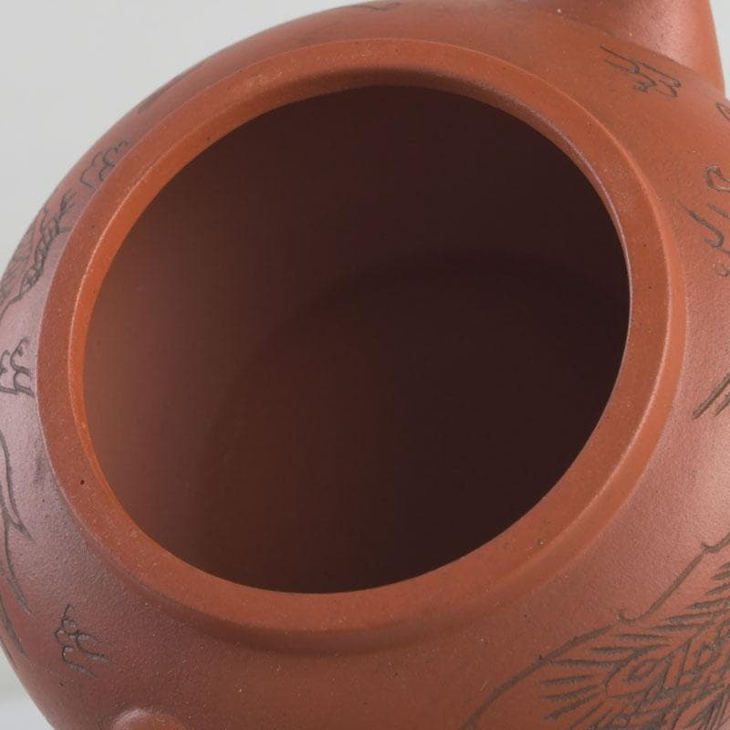 中国　紫砂　朱泥　雲龍鳳凰刻　急須　茶壷　在銘　N　9442