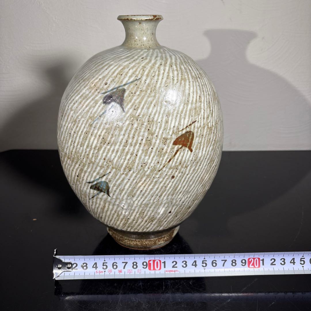 真作　人間国宝　島岡達三　地釉象嵌縄文扁壷