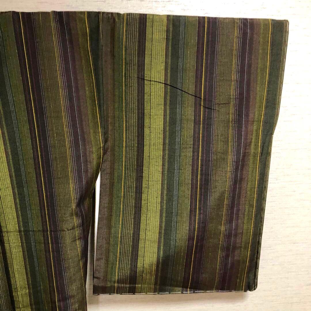 【未使用　トールサイズ】結城紬　縞　お袖長め　袷　裄丈72 身丈173