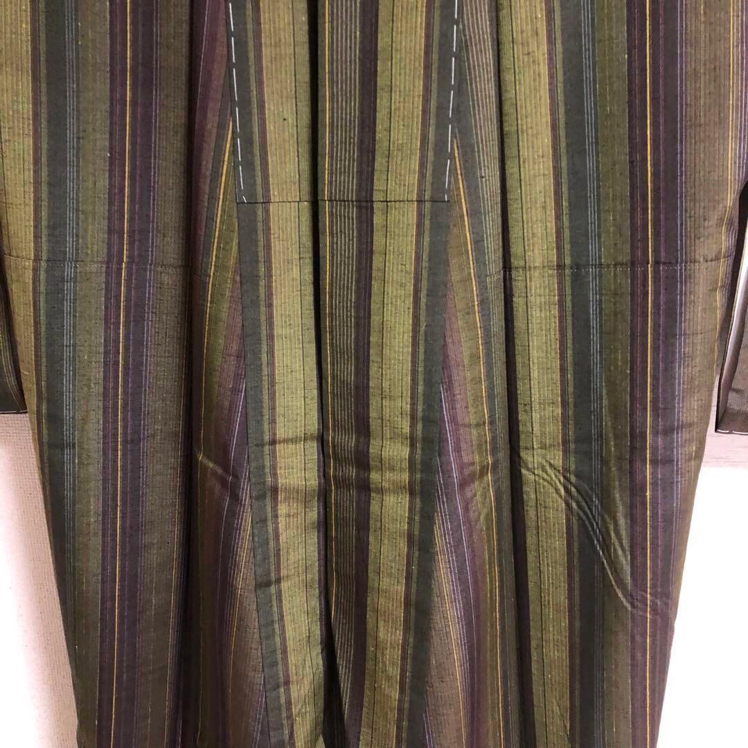 【未使用　トールサイズ】結城紬　縞　お袖長め　袷　裄丈72 身丈173