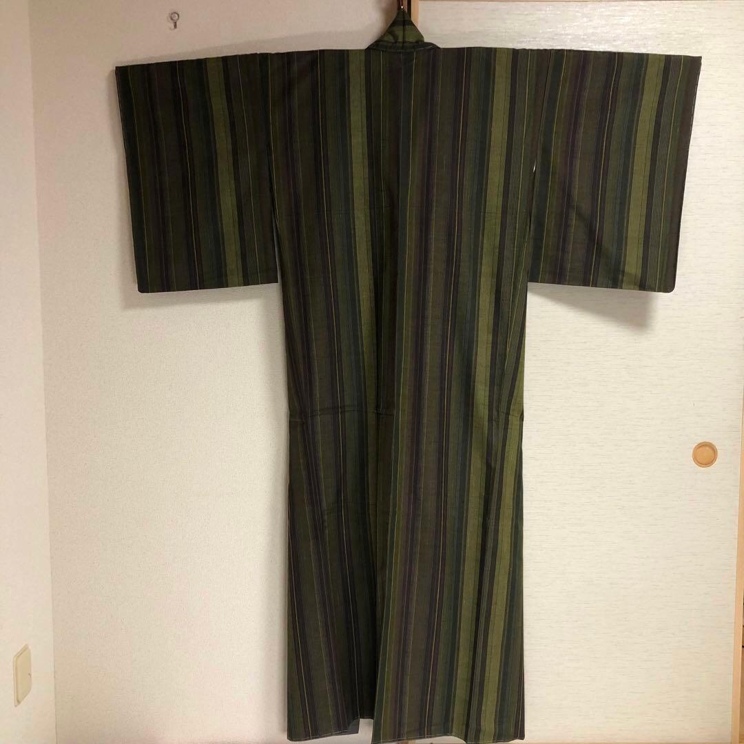 【未使用　トールサイズ】結城紬　縞　お袖長め　袷　裄丈72 身丈173