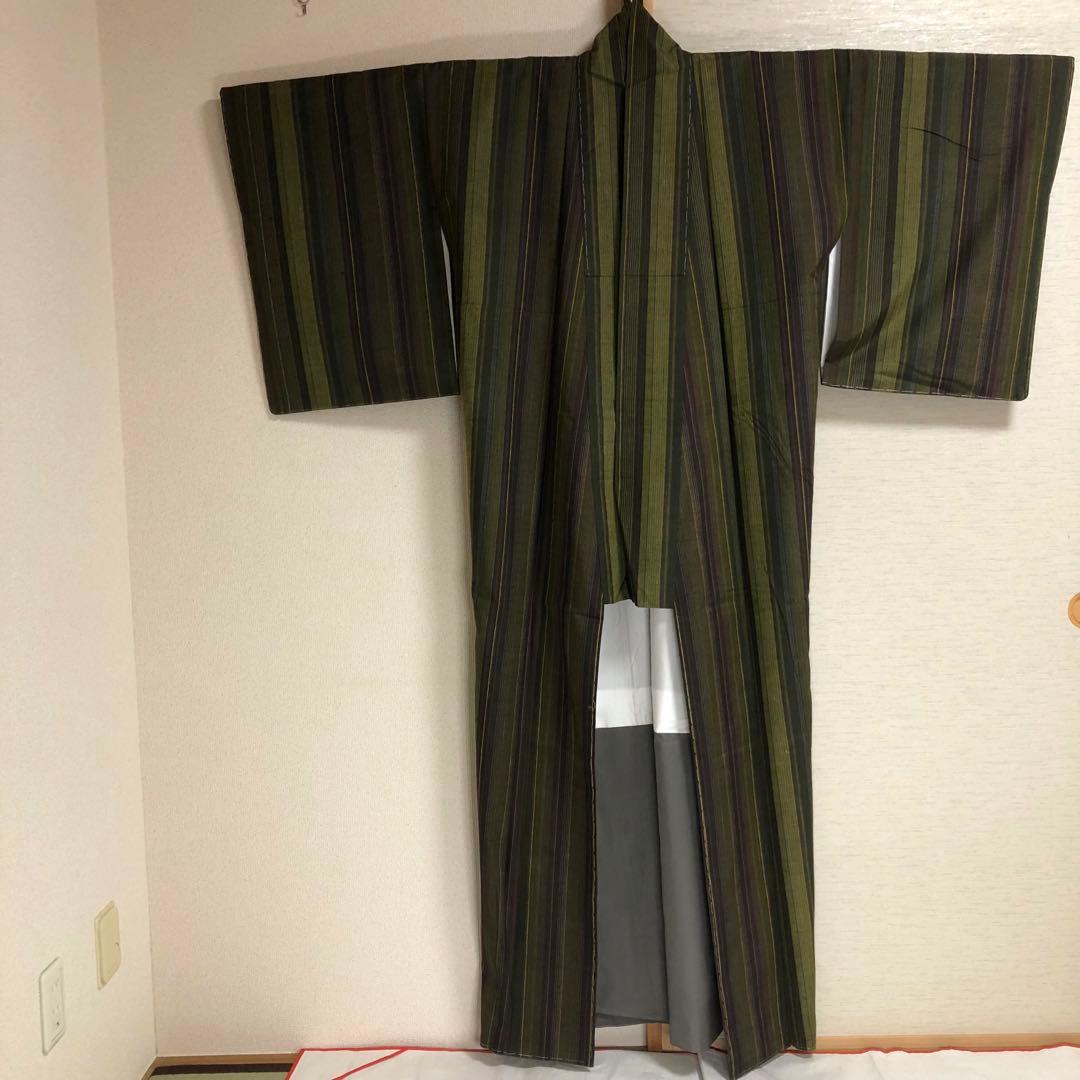 【未使用　トールサイズ】結城紬　縞　お袖長め　袷　裄丈72 身丈173