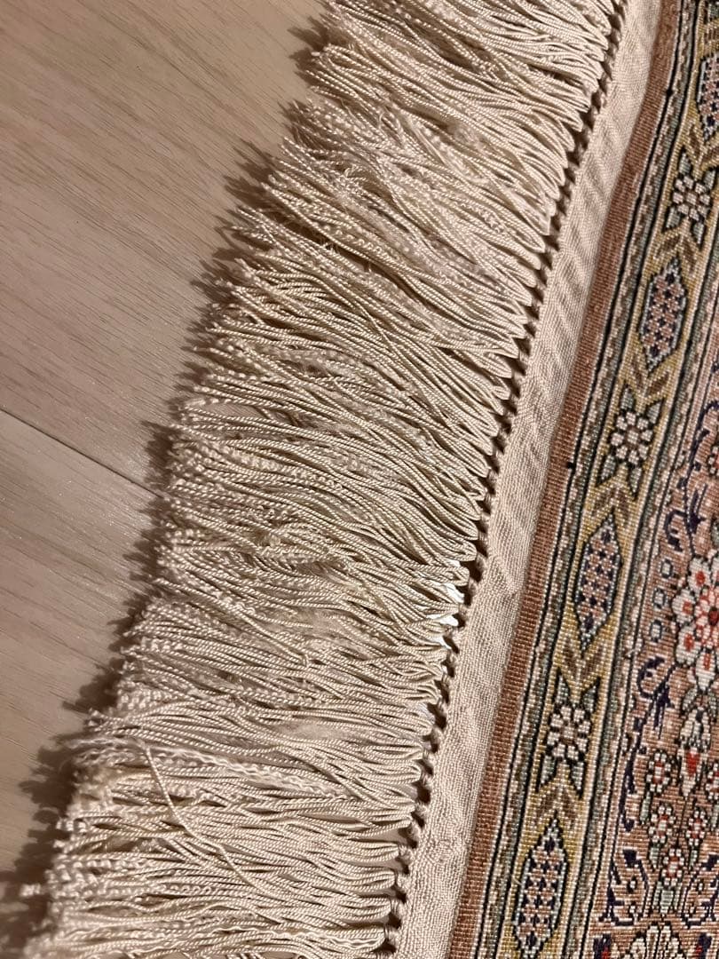高級手織り絨毯 クム柄 イラン風 約100×60cm シルク混144000ノット