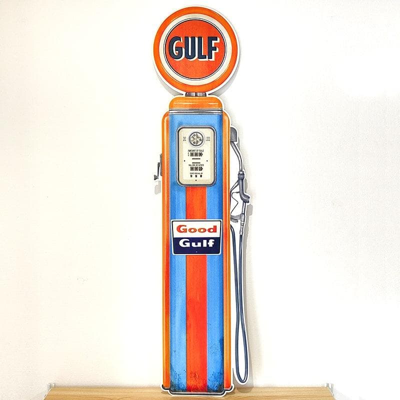 ブリキ看板 ガルフ ガスポンプ ダイカットエンボスメタルサイン ビッグ 大きい