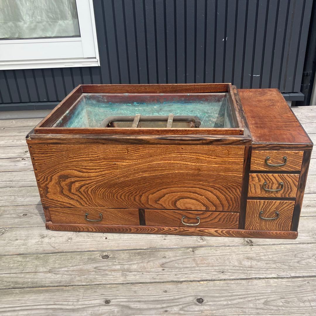 昭和レトロ 木製 長火鉢 五徳付き 5杯 引き出し収納付き 火鉢 囲炉裏 古家具